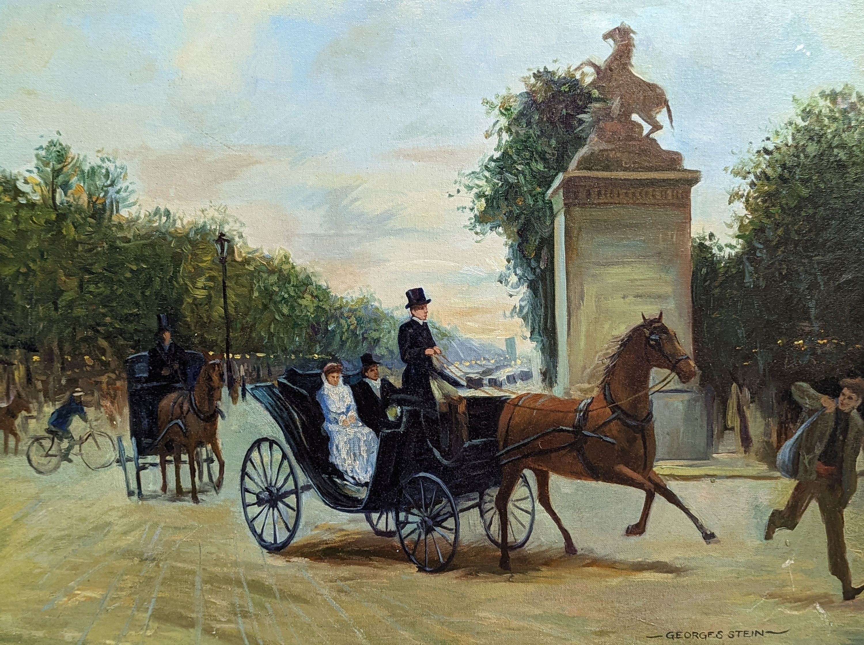 After Georges Stein, oil on board, Carriages in the park, bear signature, 45 x 60cm